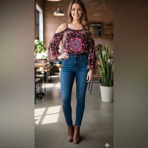 Flying Tomato Boho Cold-Shoulder Bell Sleeve Top Paisley Mandala Print SZ small